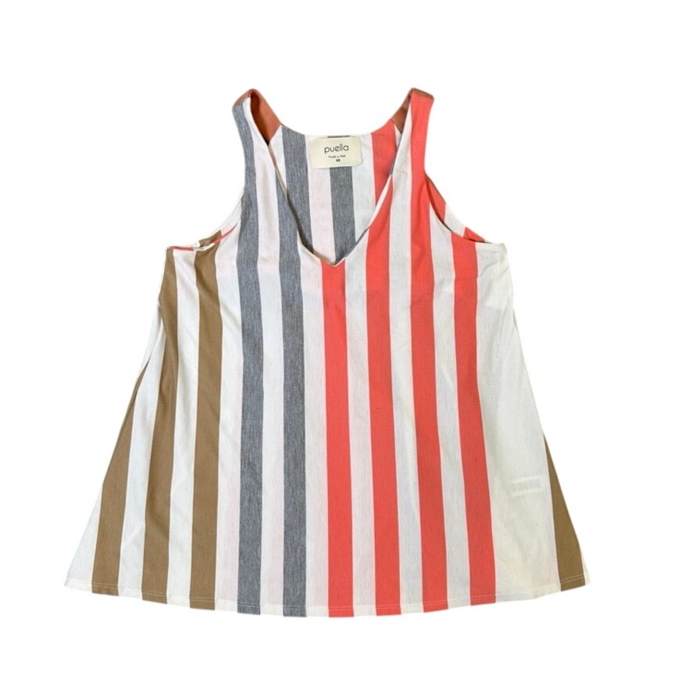 Puella Womens XS Striped V-Neck Pleated Back Tank Top Coral Grey T10026